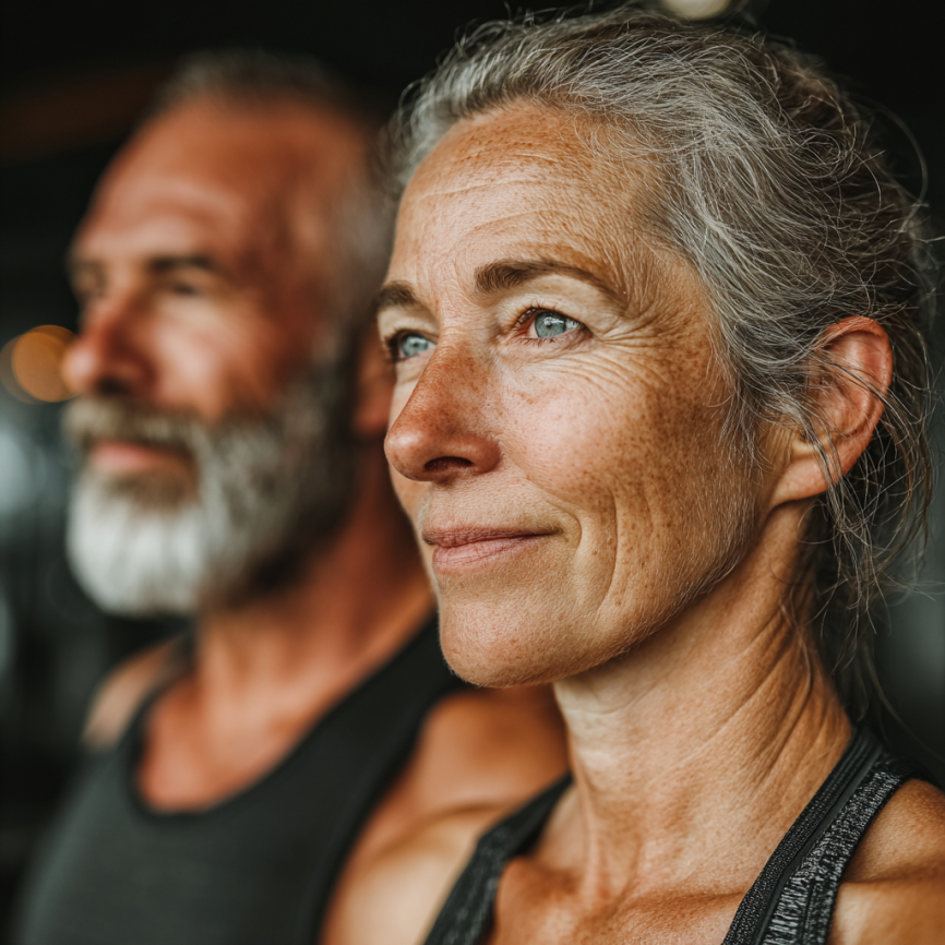 Літні люди займаються йогою на природі